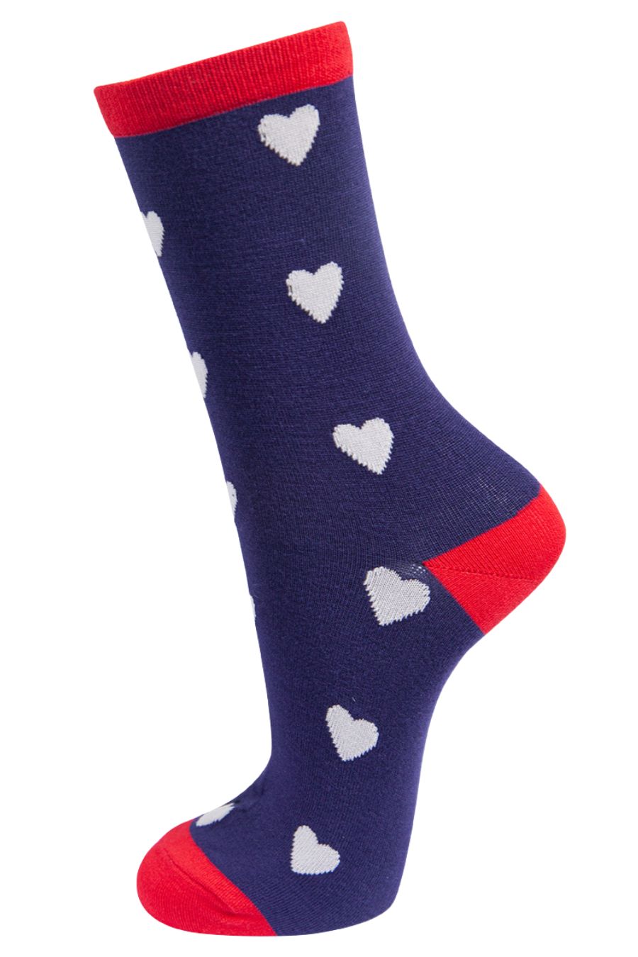 navy blue ankle socks, red toe, heel, trim and white love hearts all over 