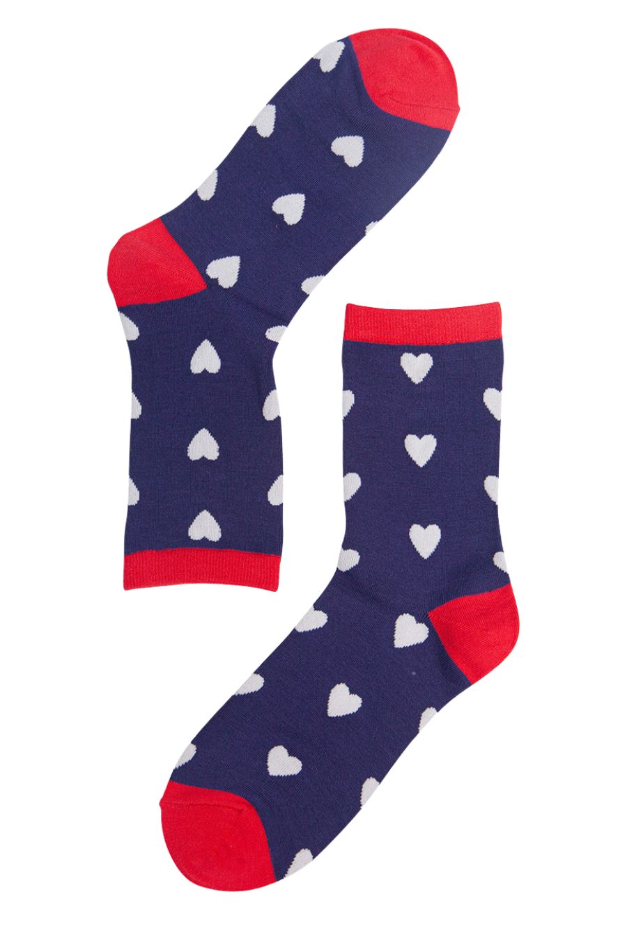 navy blue, red bamboo socks with all over white love hearts