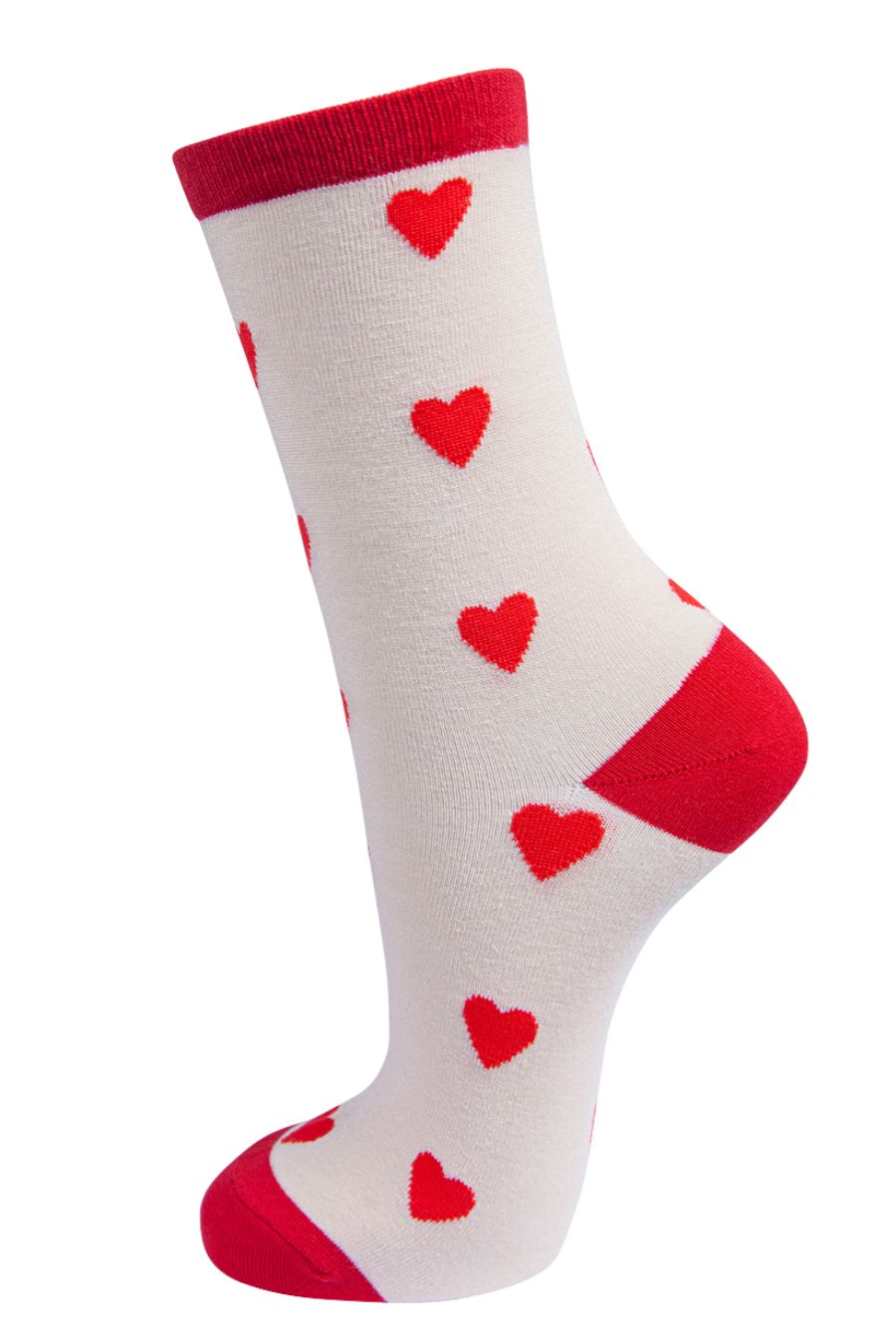 cream, red bamboo socks with an all over red love heart pattern