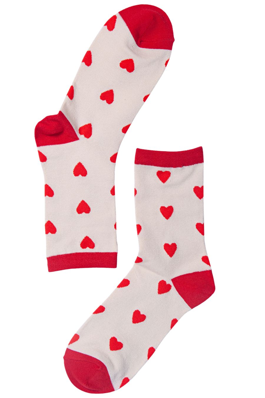 cream, red ankle socks with red love hearts