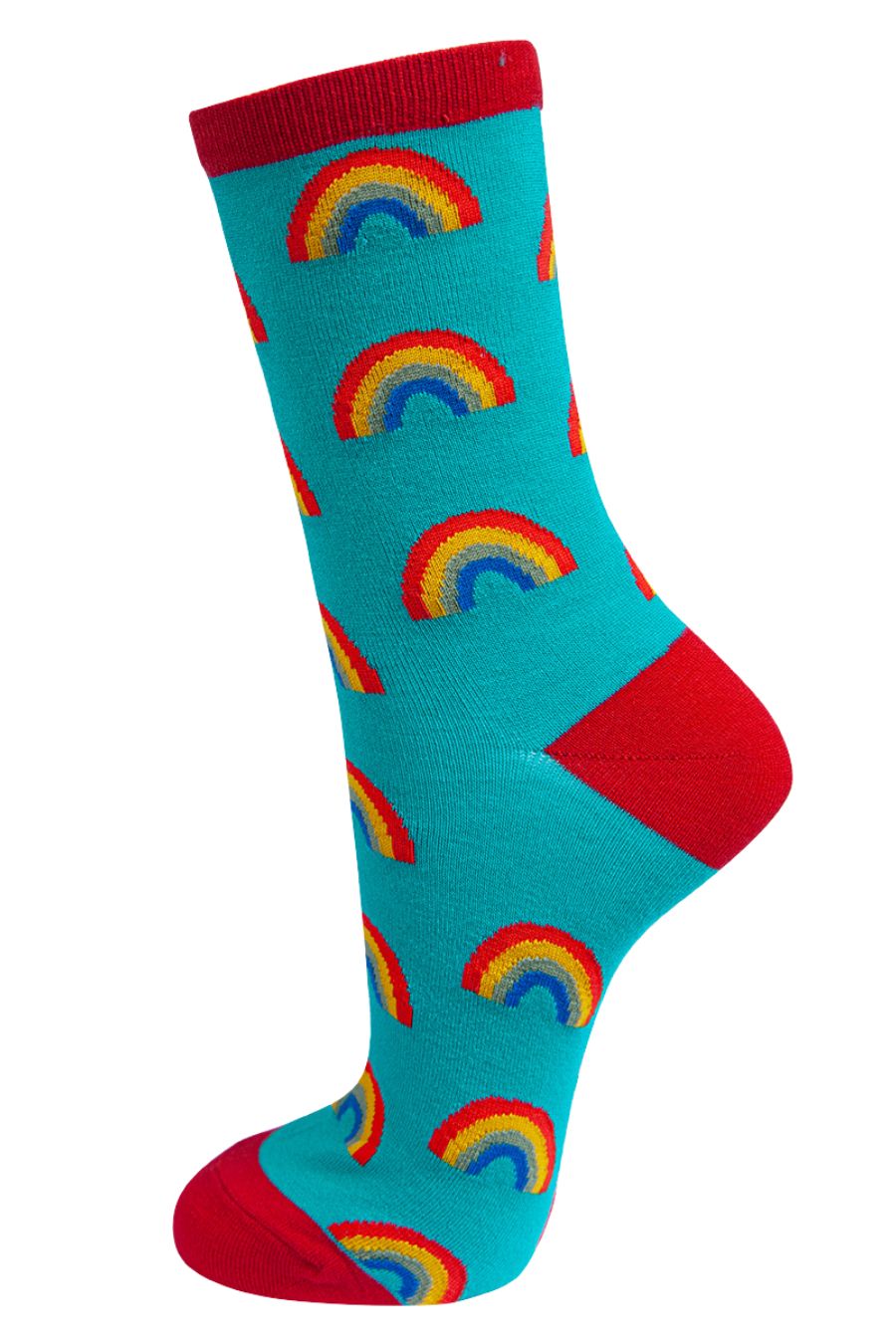turquoise, red bamboo ankle socks with multicoloured rainbows all over 