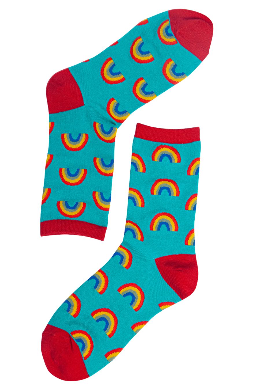turquoise, red bamboo socks with an all over rainbow print