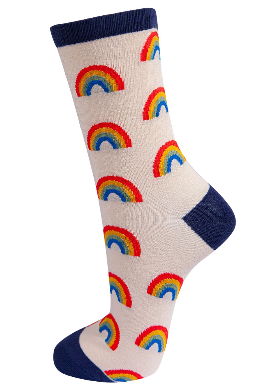 cream, navy blue ankle socks with mutlicoloured rainbows all over