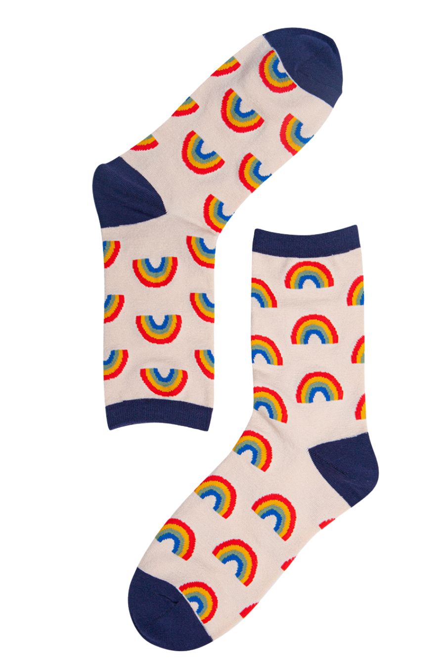 cream, navy blue rainbow pattern bamboo socks