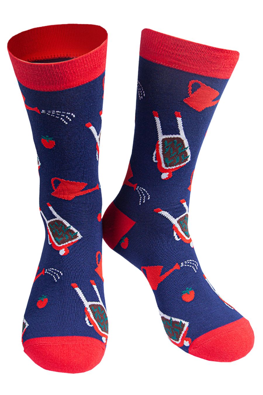 navy blue, red dress socks featuring wheelbarrows, watering cans and tomatos