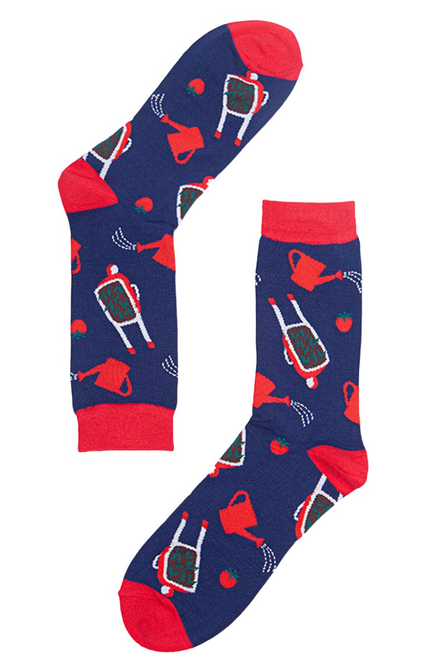 navy blue, red wheelbarrow and wartering can pattern socks