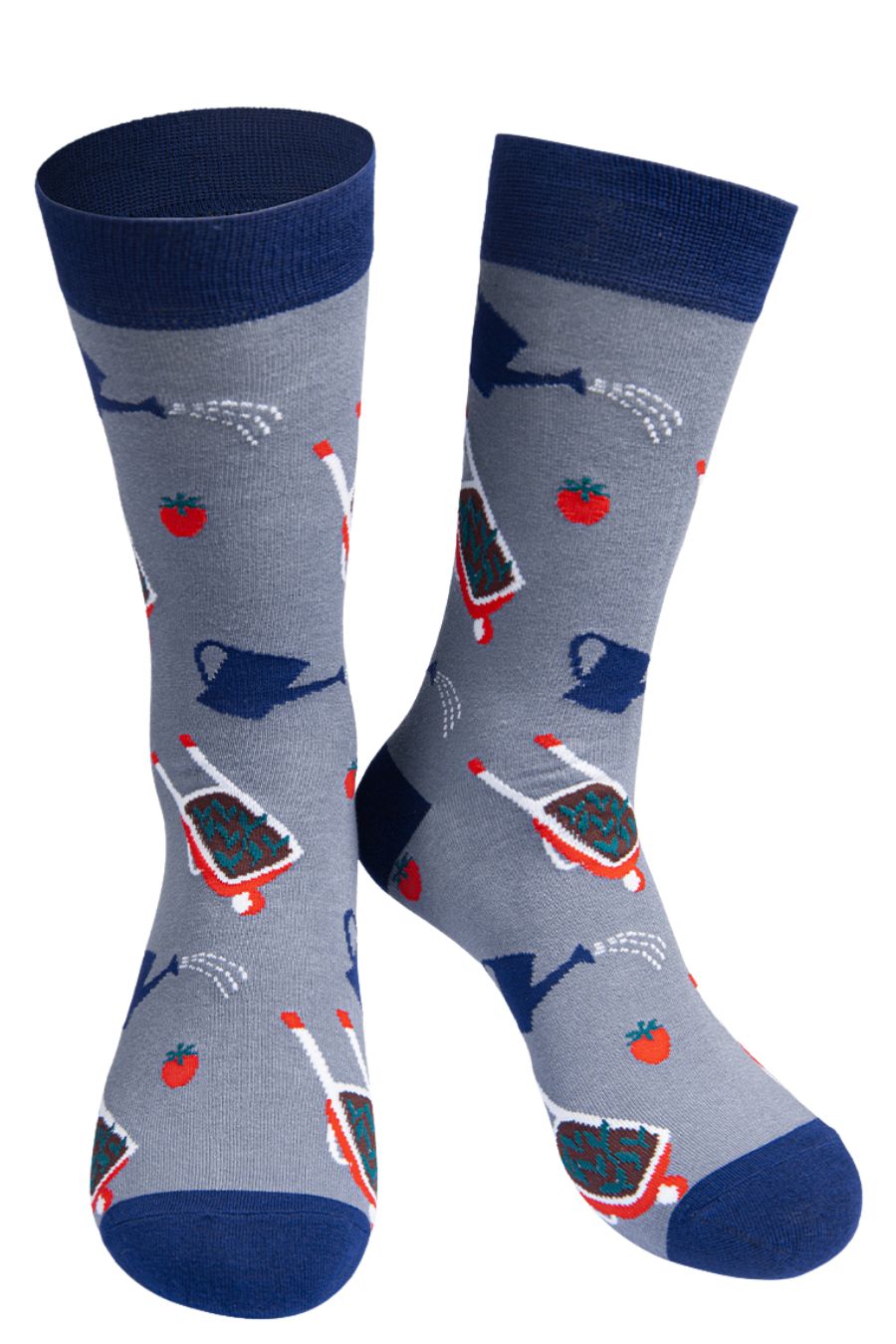 grey, navy blue bamboo socks featuring wheelbarrows, watering cans and tomatos