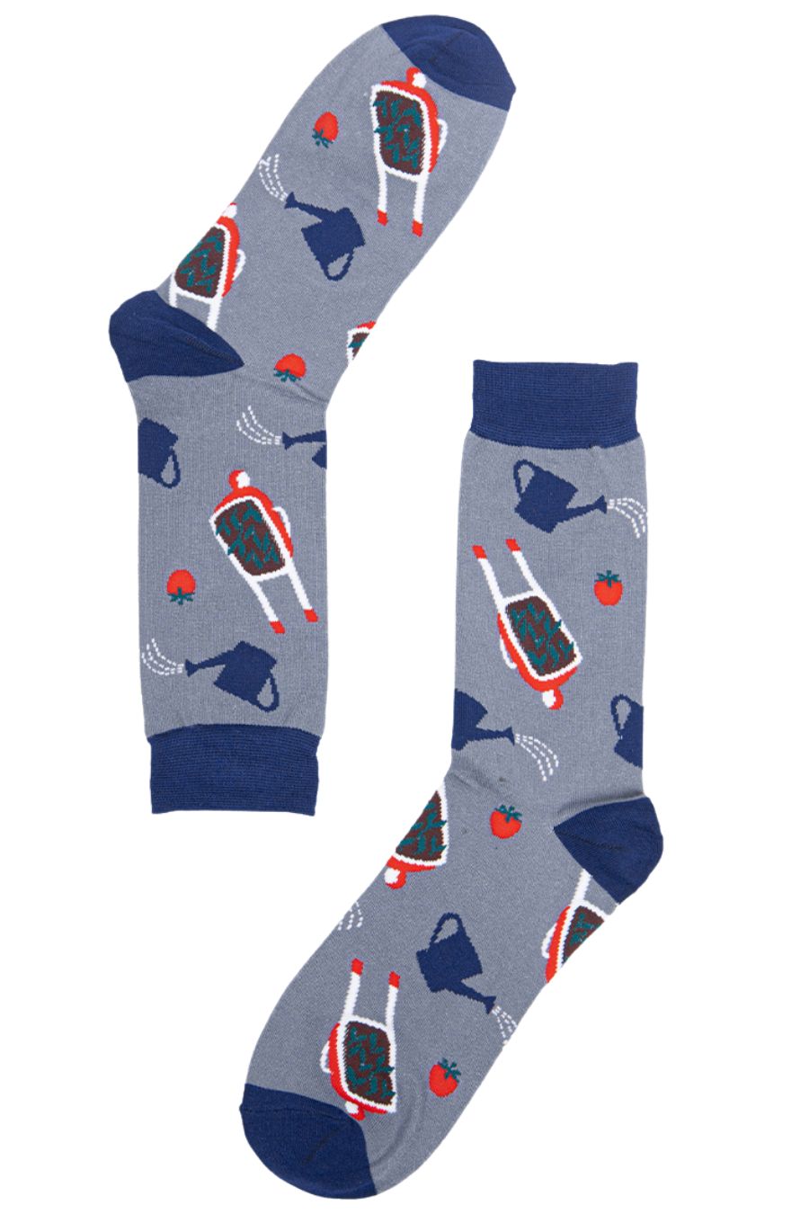 grey, blue dress socks with wheelbarrows and watering cans