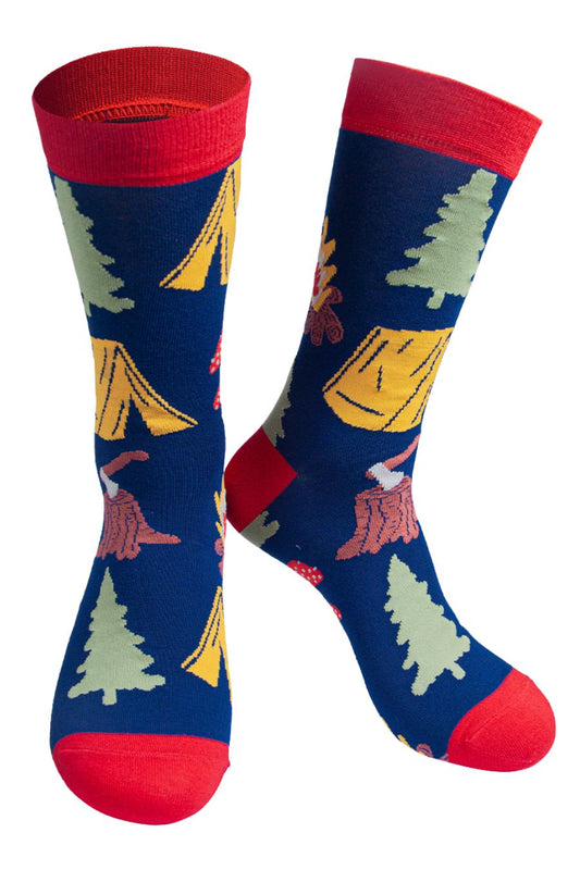 blue, red men's dress socks featuring tents, trees and campfires