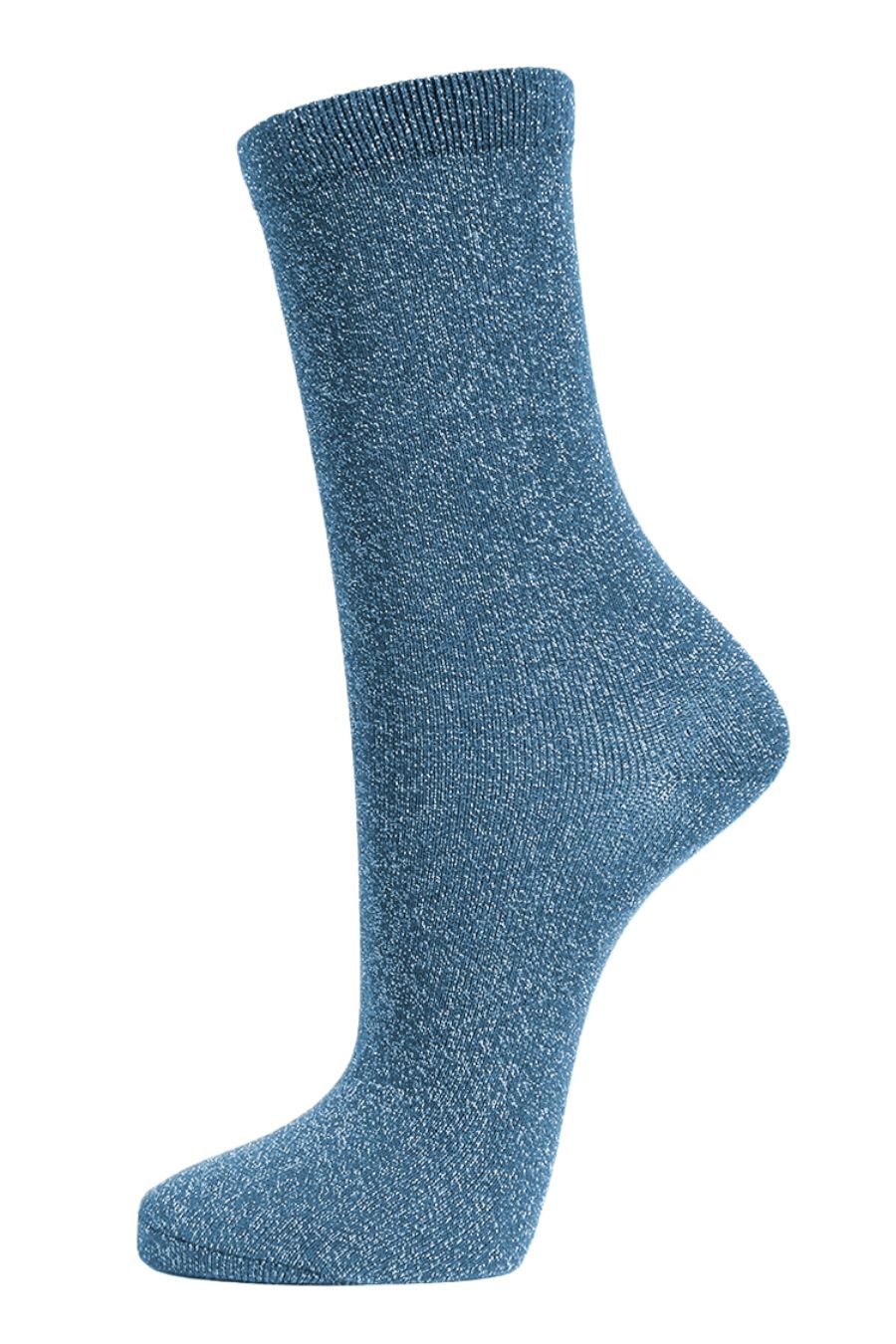 denim blue ankle socks with an all over silver glitter shimmer