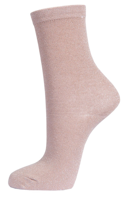beige ankle socks with an all over silver glitter effect