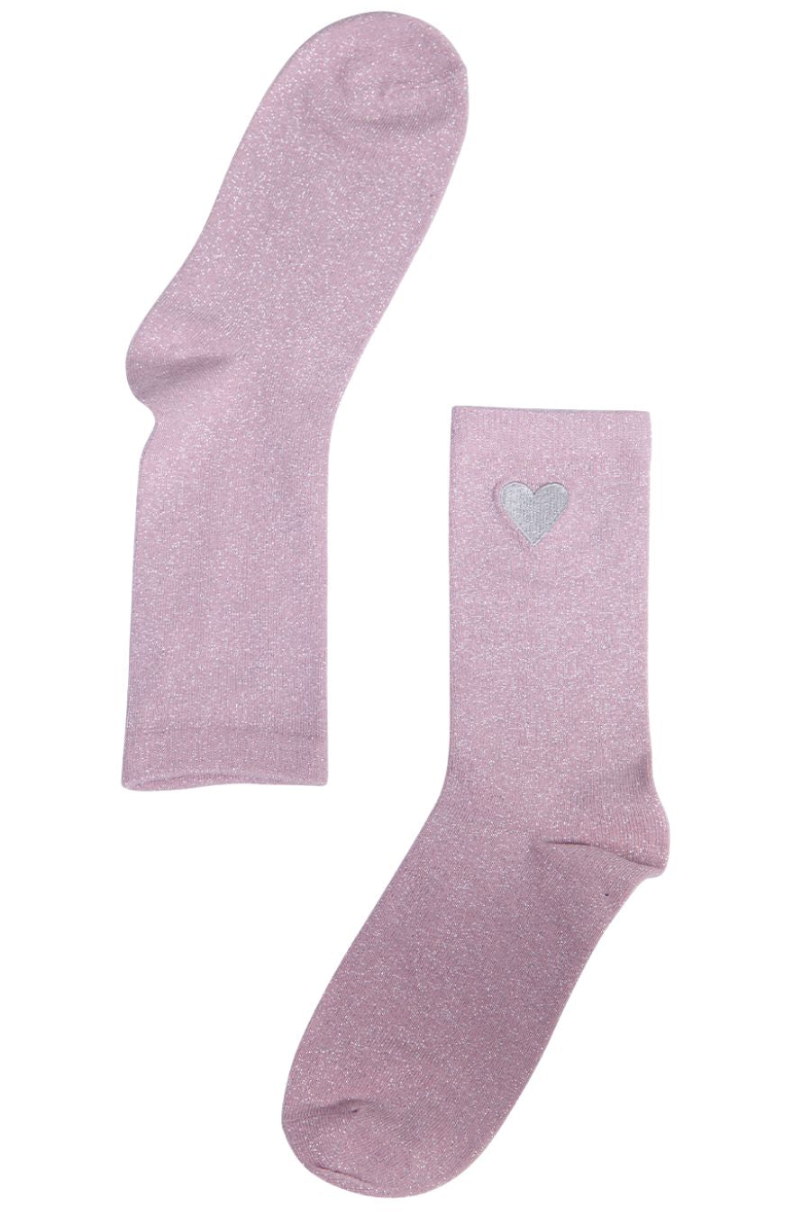 pink shimmery ankle socks with a silver emboidered heart