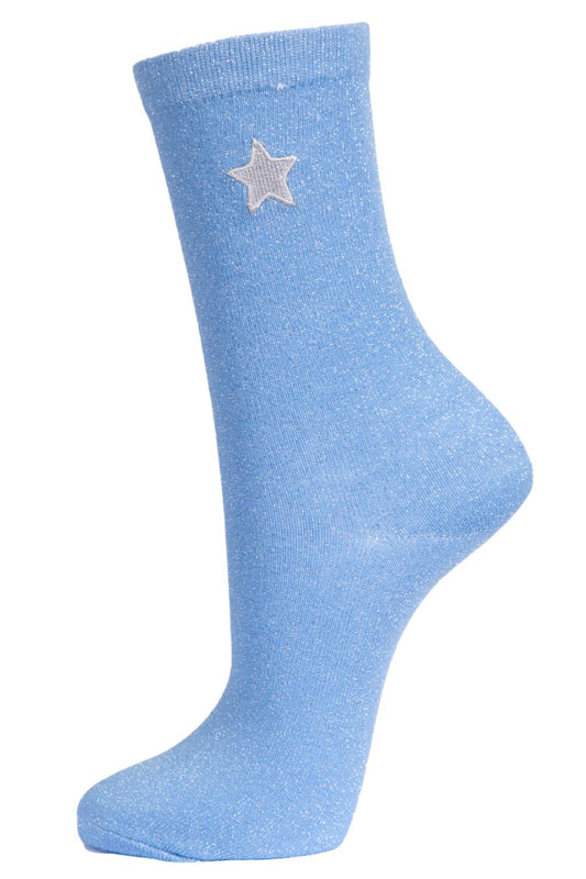 blue and silver glitter ankle socsk with embroidered star on the ankle
