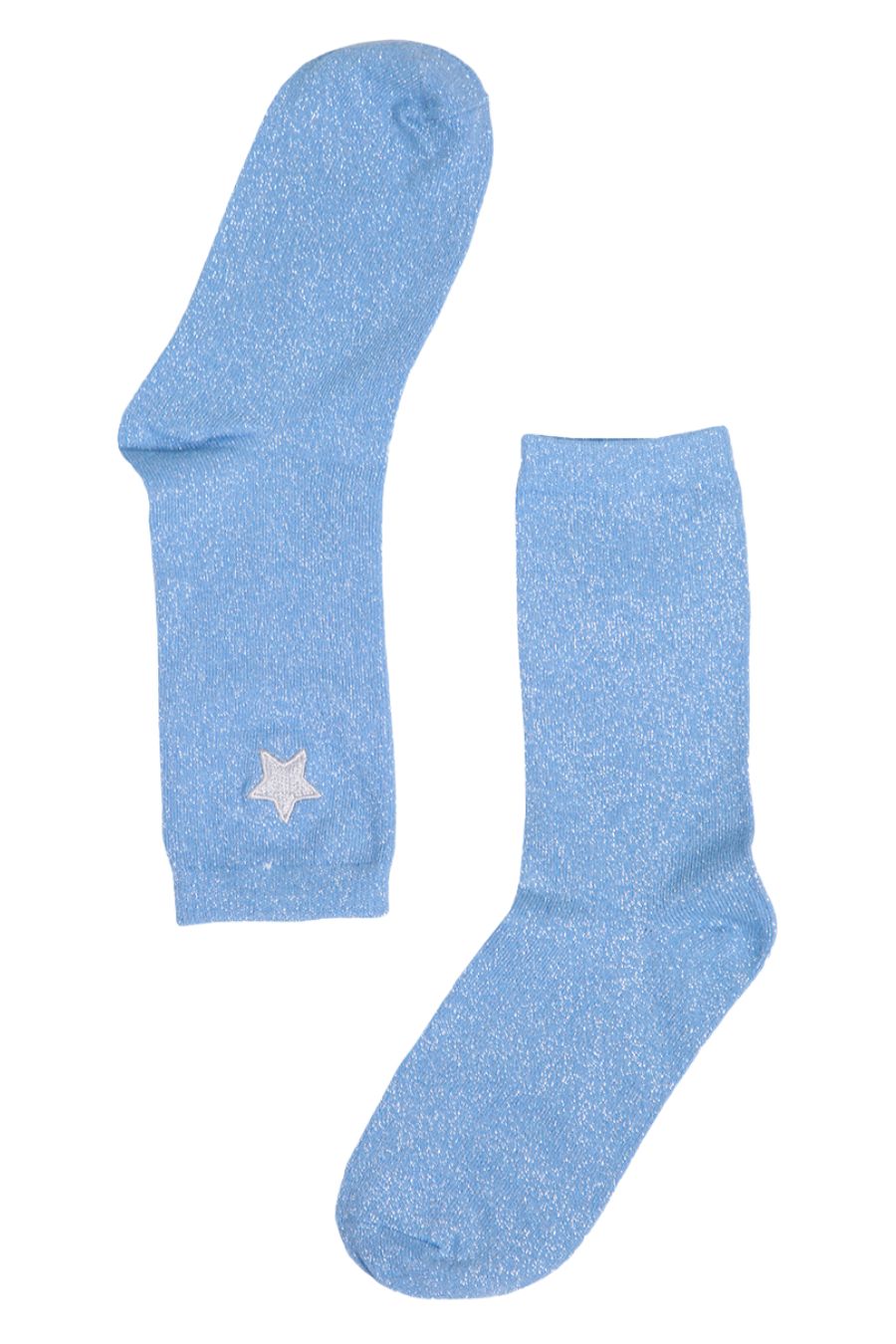 blue silver glitter socks with silver embroidered star