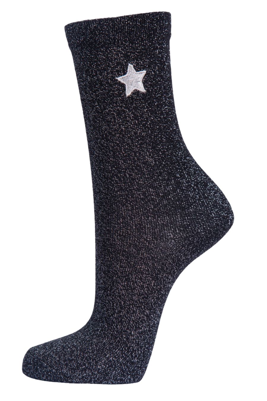 black and silver glitter ankle socks with a silver embroidered star on the ankle