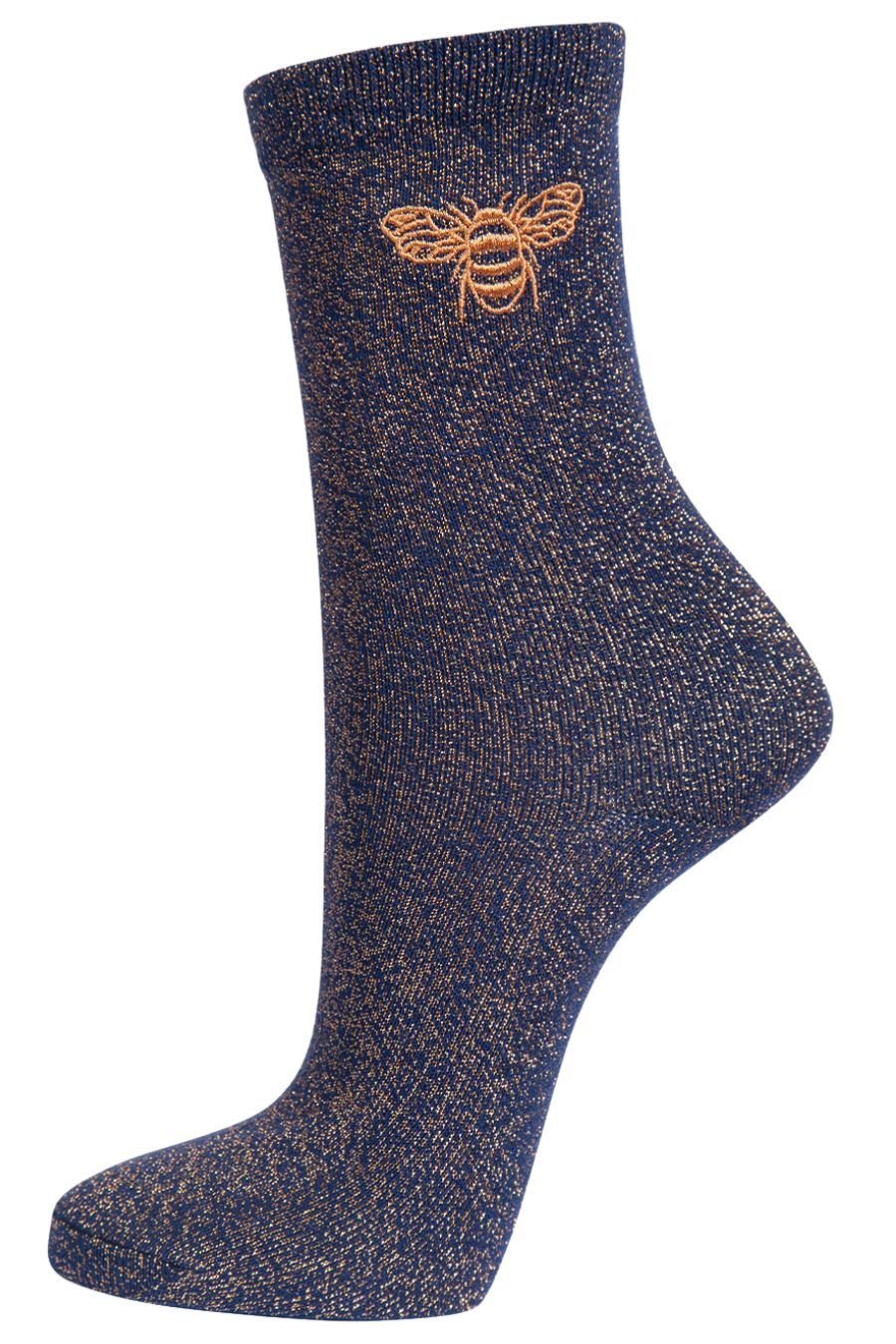navy blue and gold glitter socks with an embroidered bee on the ankle