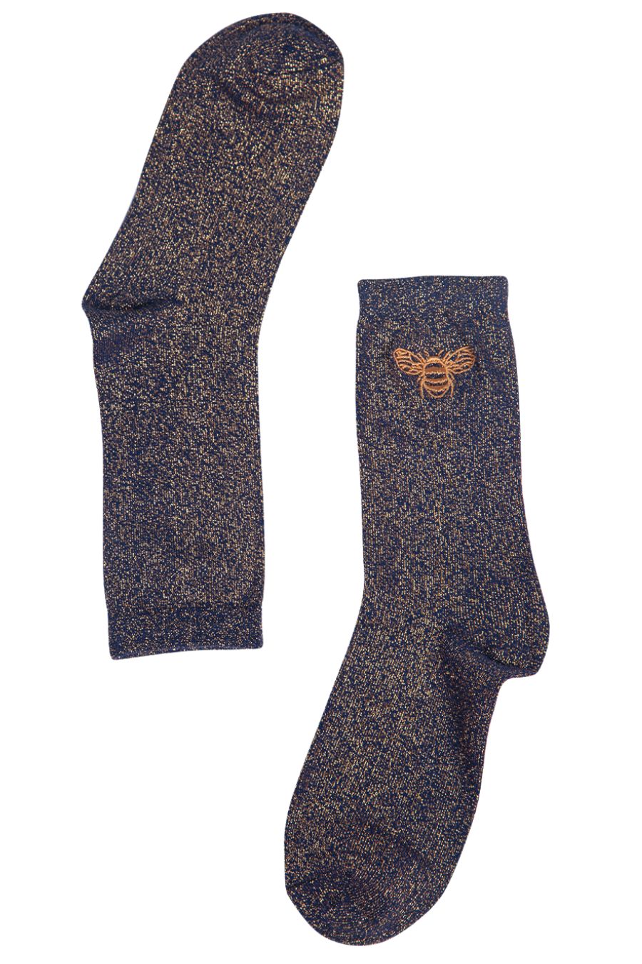 navy blue, gold glitter ankle socks with a gold embroidered bee