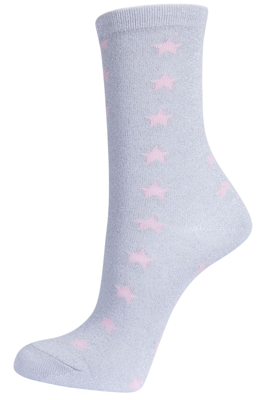 grey and pink star print silver glitter ankle socks