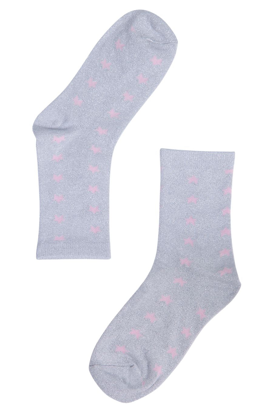 grey and pink star print ankle socks with all over silver shimmer