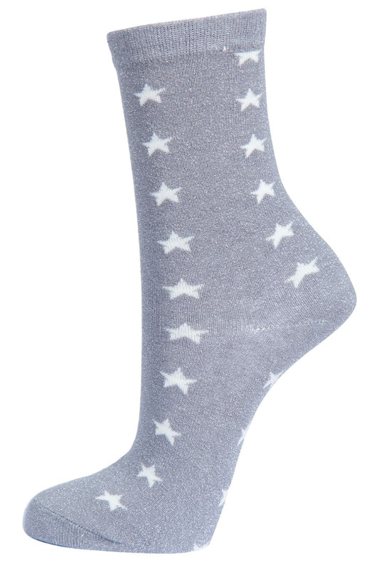 grey and white star print ankle socks with an all over silver glitter shimmer