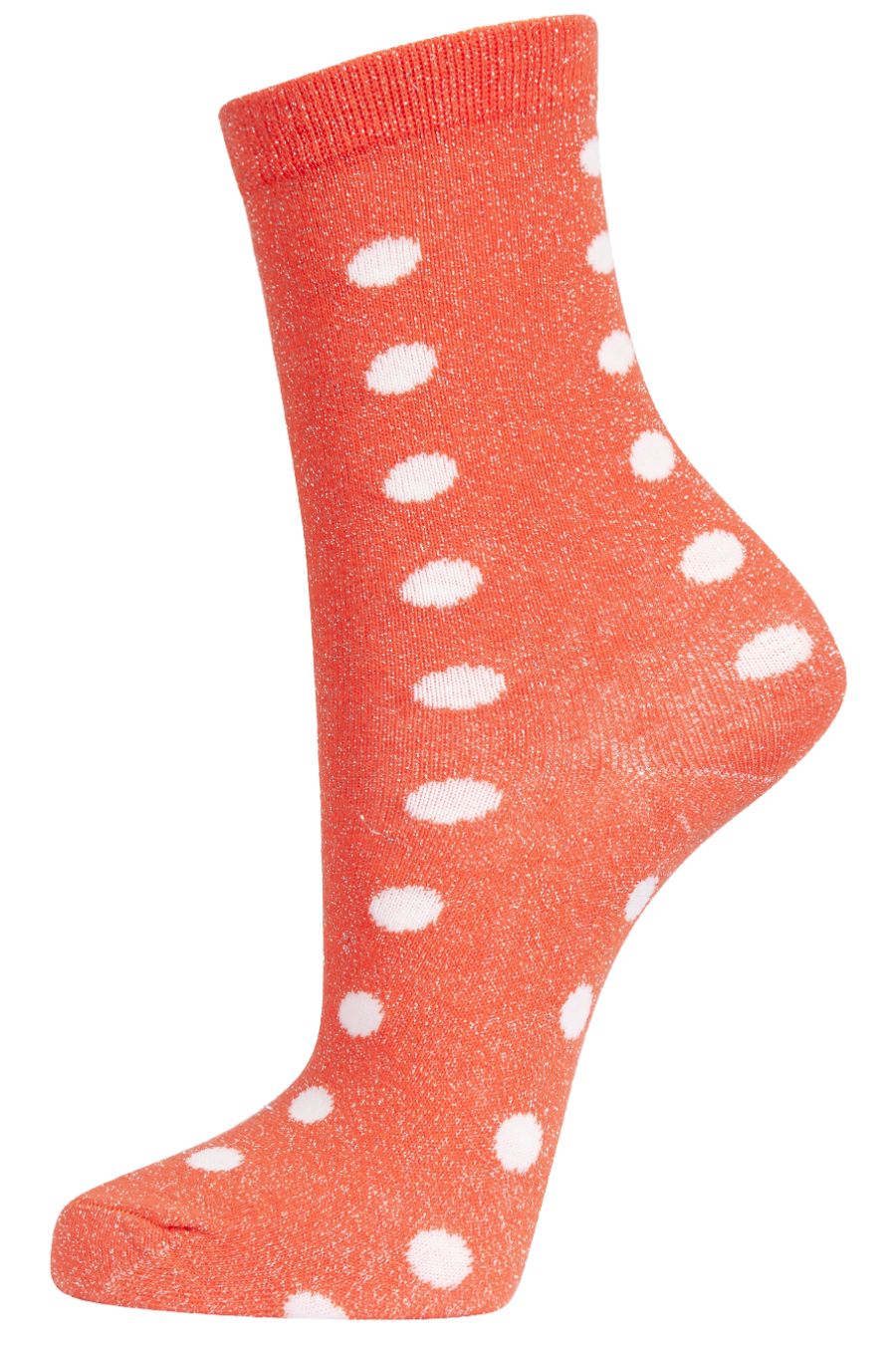 orange and white polka dot ankle socks with an all over silver glitter shimmer