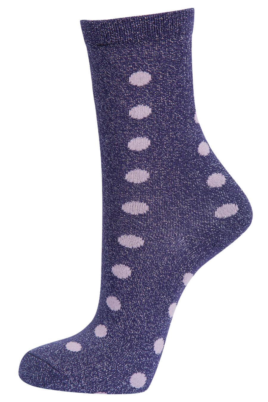 navy blue and pink polka dot ankle socks with an all over silver glitter effect