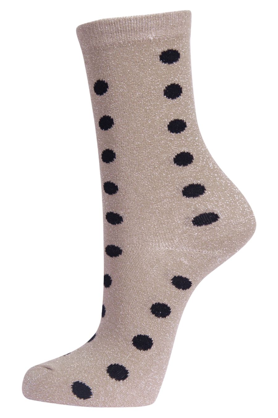 beige ankle socks with black polka dots and an all over silver glitter sparkle