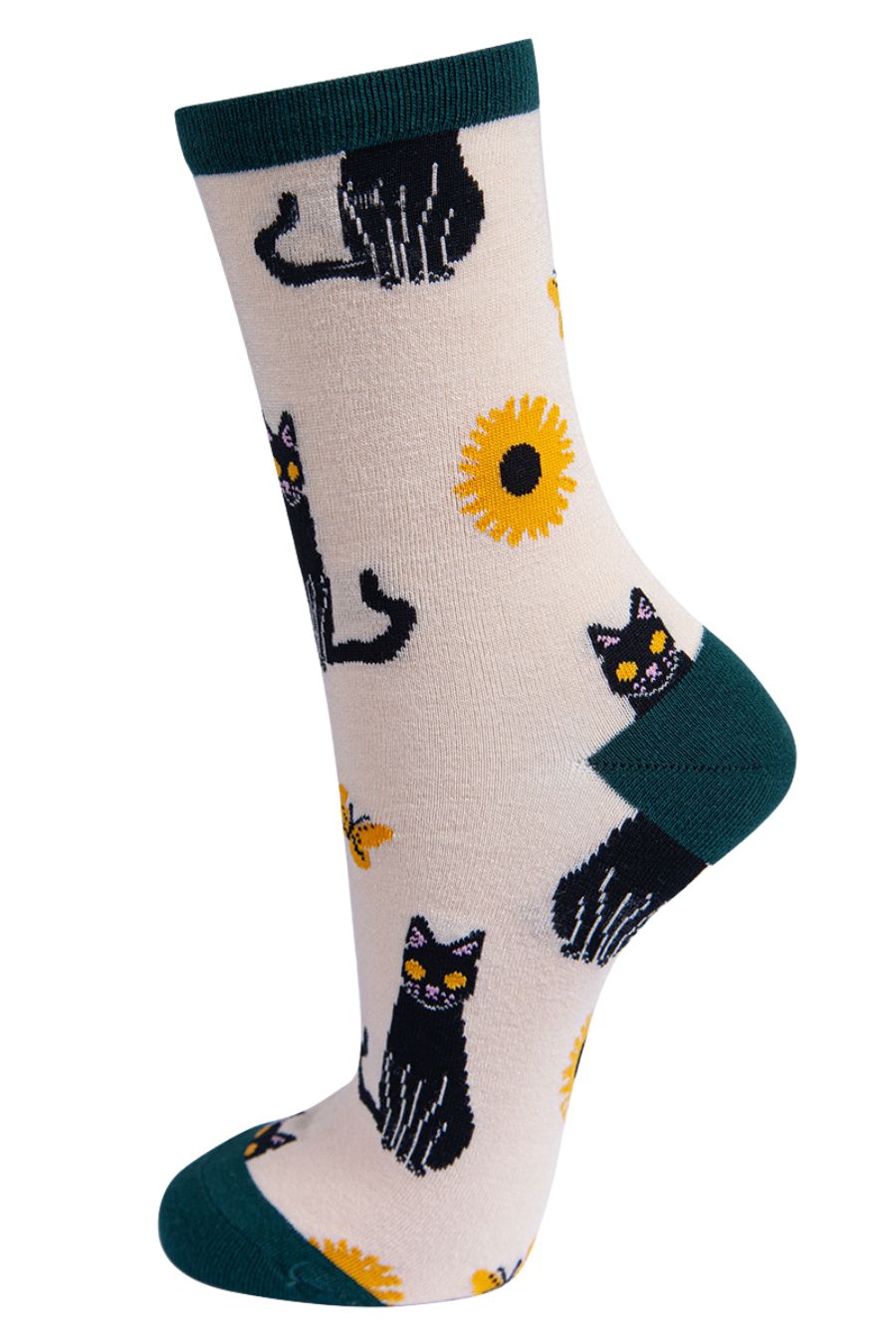 cream ankle socks with black cats and yellow sunflowers