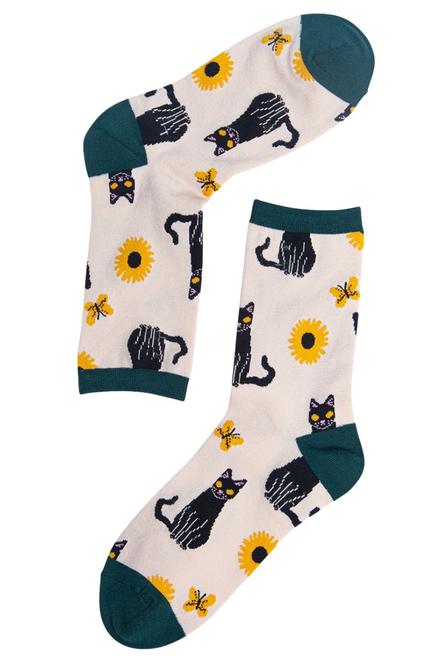 cream socks with black cats and yellow flowers