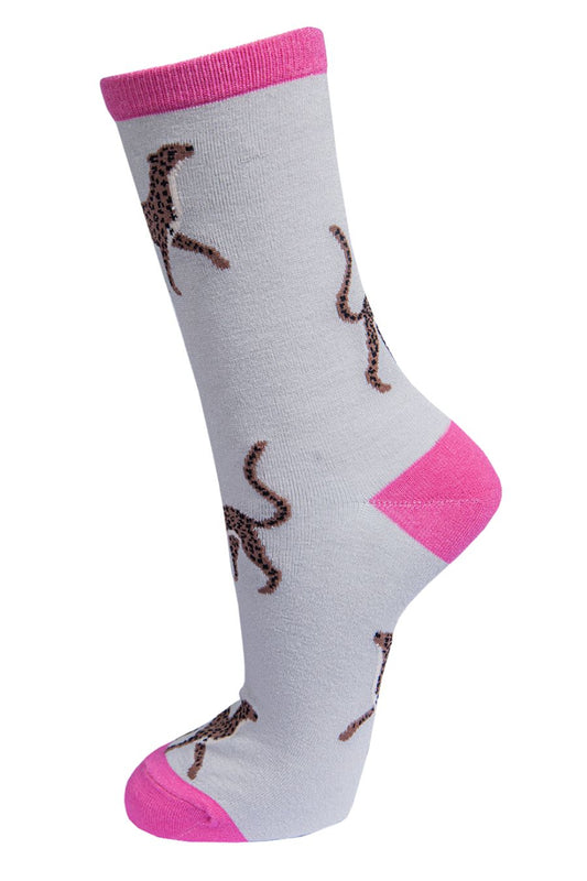 grey, pink bamboo socks with cheetahs