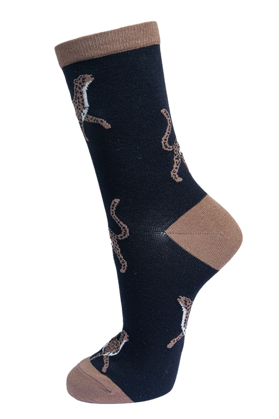 black bamboo ankle socks with brown cheetahs on them