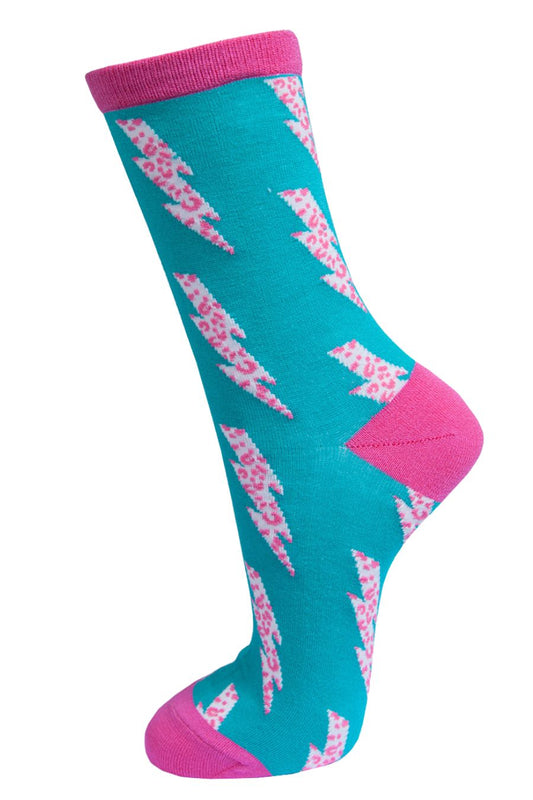 blue and pink ankle socks with a pink leopard print lightning bolt pattern