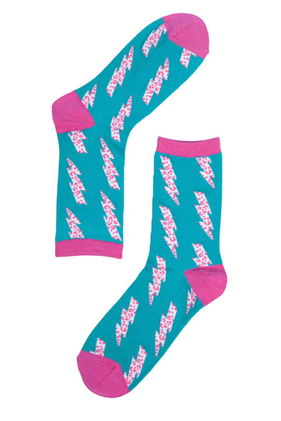 blue ankle socks with a pink leopard print thunder bolt pattern