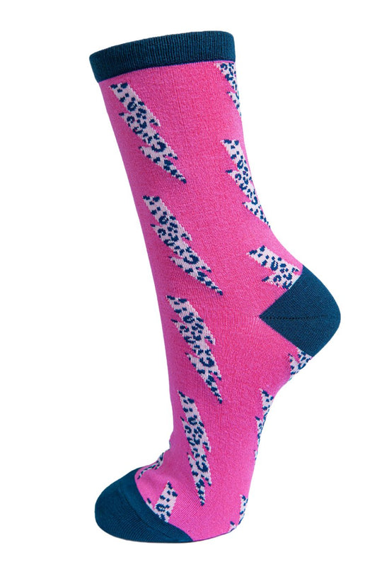 pink bamboo socks with navy blue leoaprd print lightning bolts