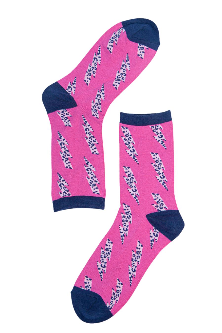 pink socks with navy blue leopard print thunder bolts