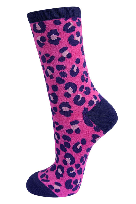 pink and navy blue leaoprd print ankle socks