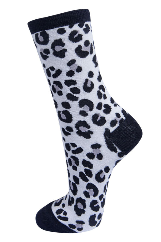grey and black leopard print bamboo ankle socks