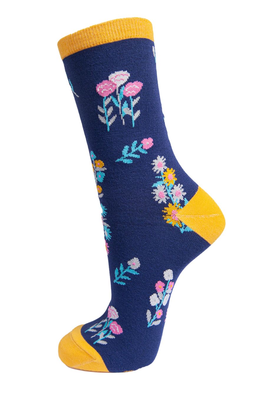 navy blue and yellow floral print ankle socks, all over ditsy floral pattern