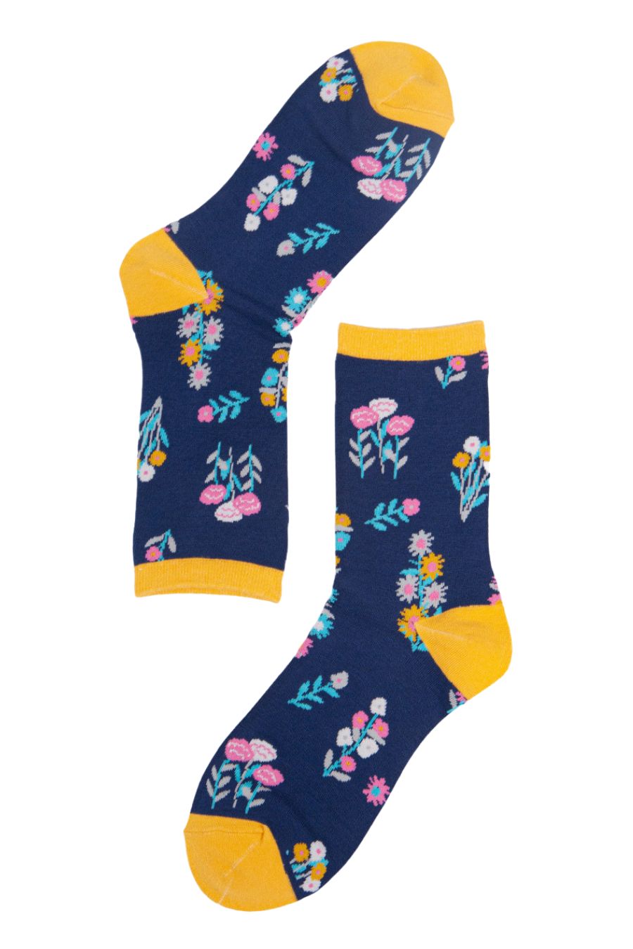 navy blue, yellow wild flower pattern colourful ankle socks