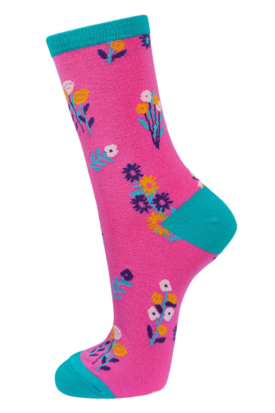 pink and teal bamboo socks with a multicoloured ditsy floral pattern