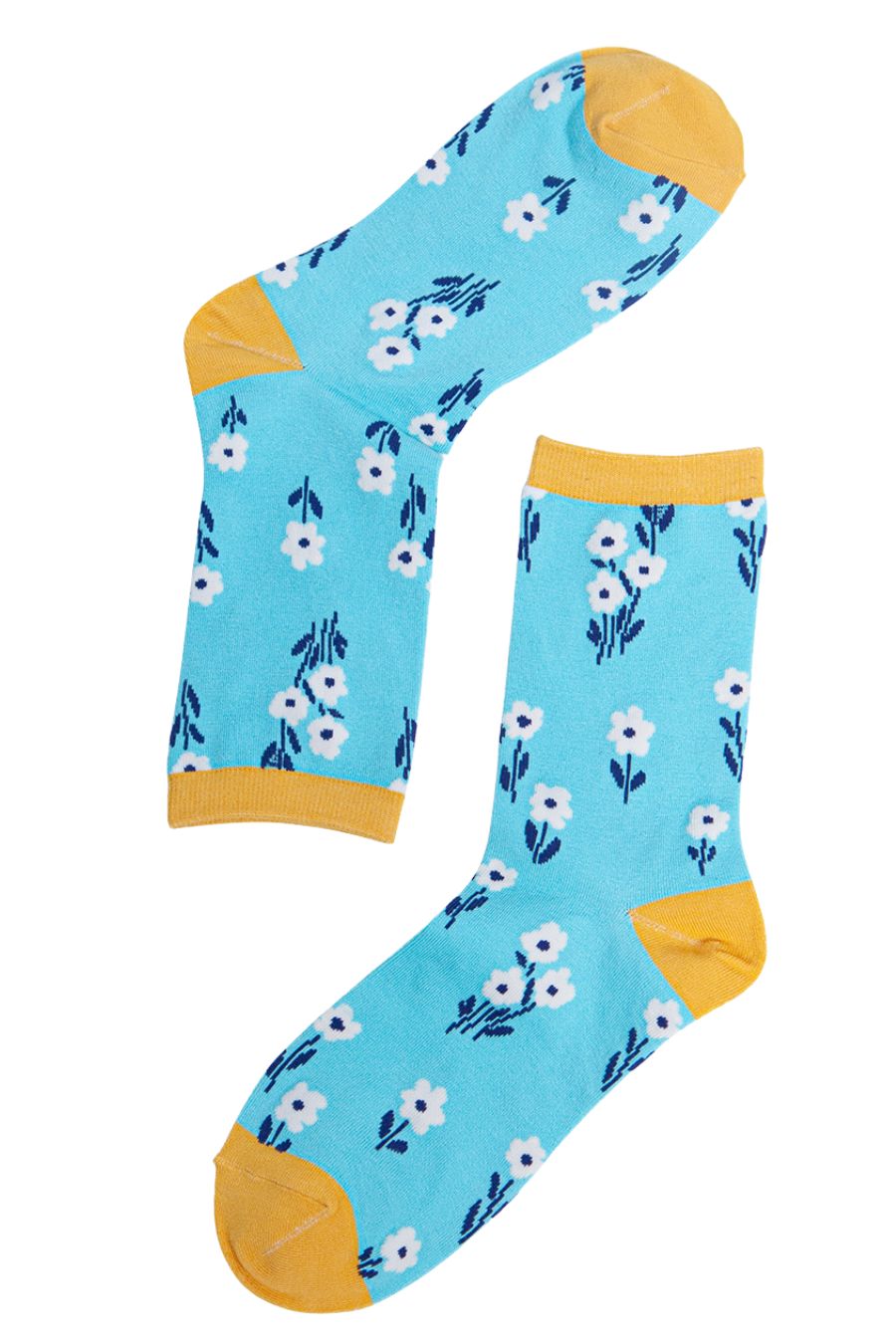 blue, yellow ankle socks with white flowers