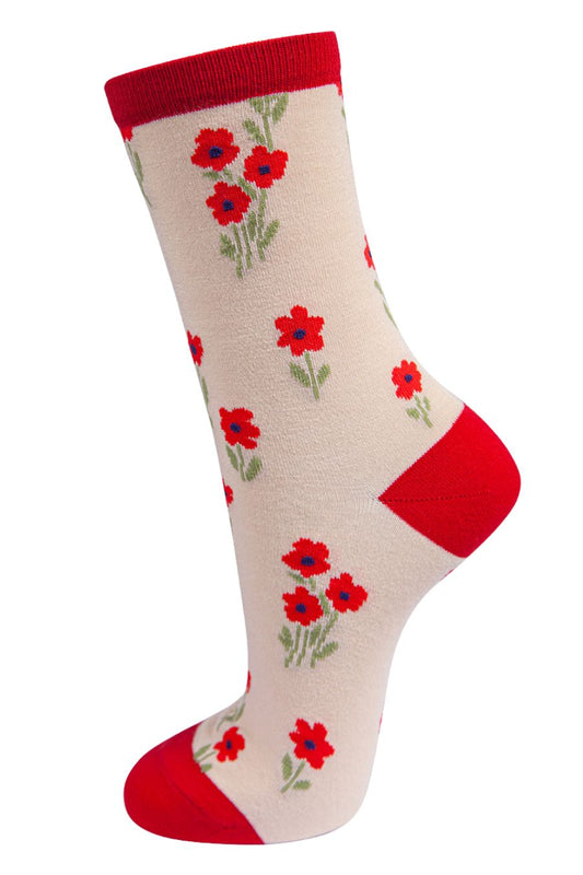 cream, red bamboo ankle socks with a ditsy floral pattern