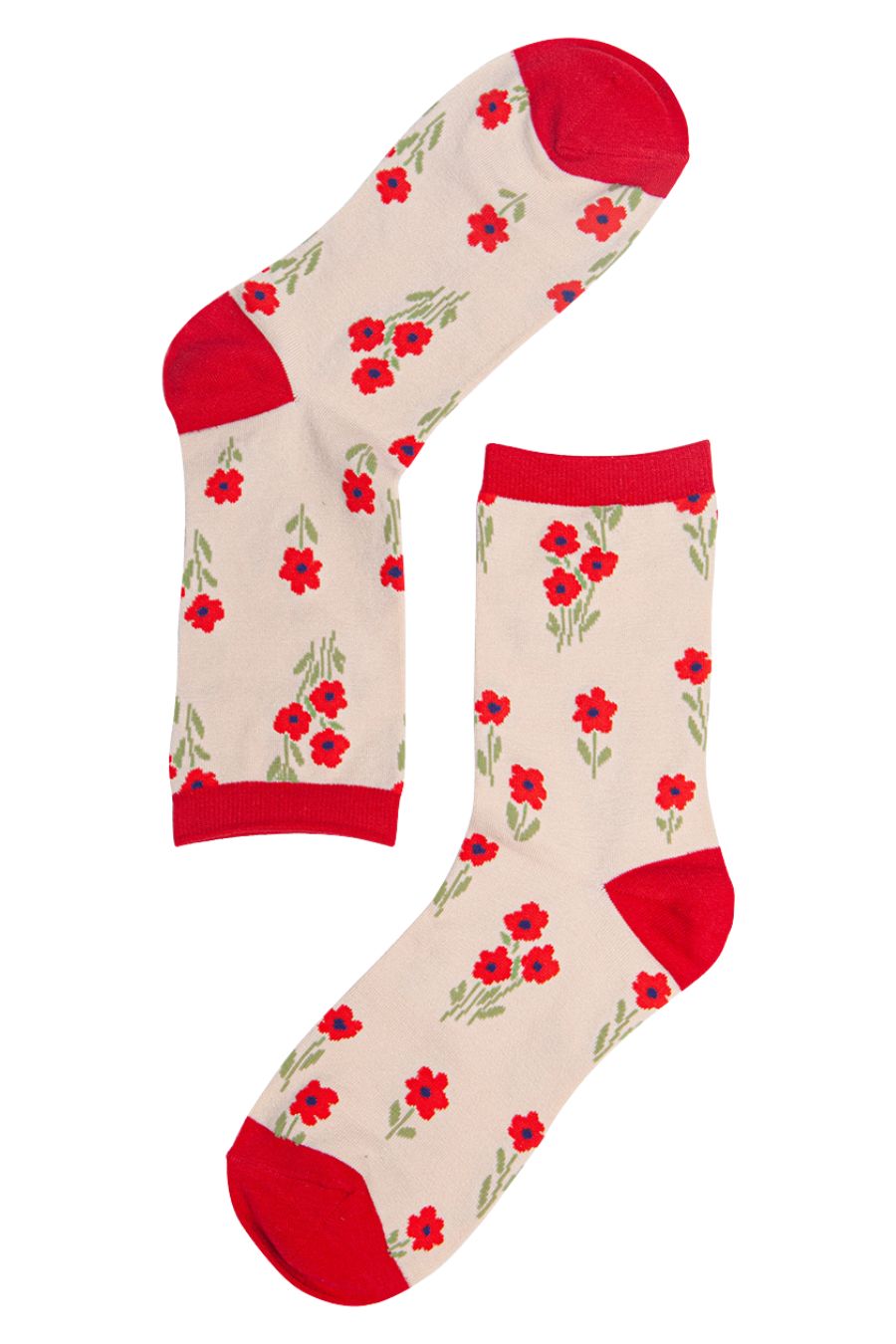 cream socks with a ditsy red wildflower print