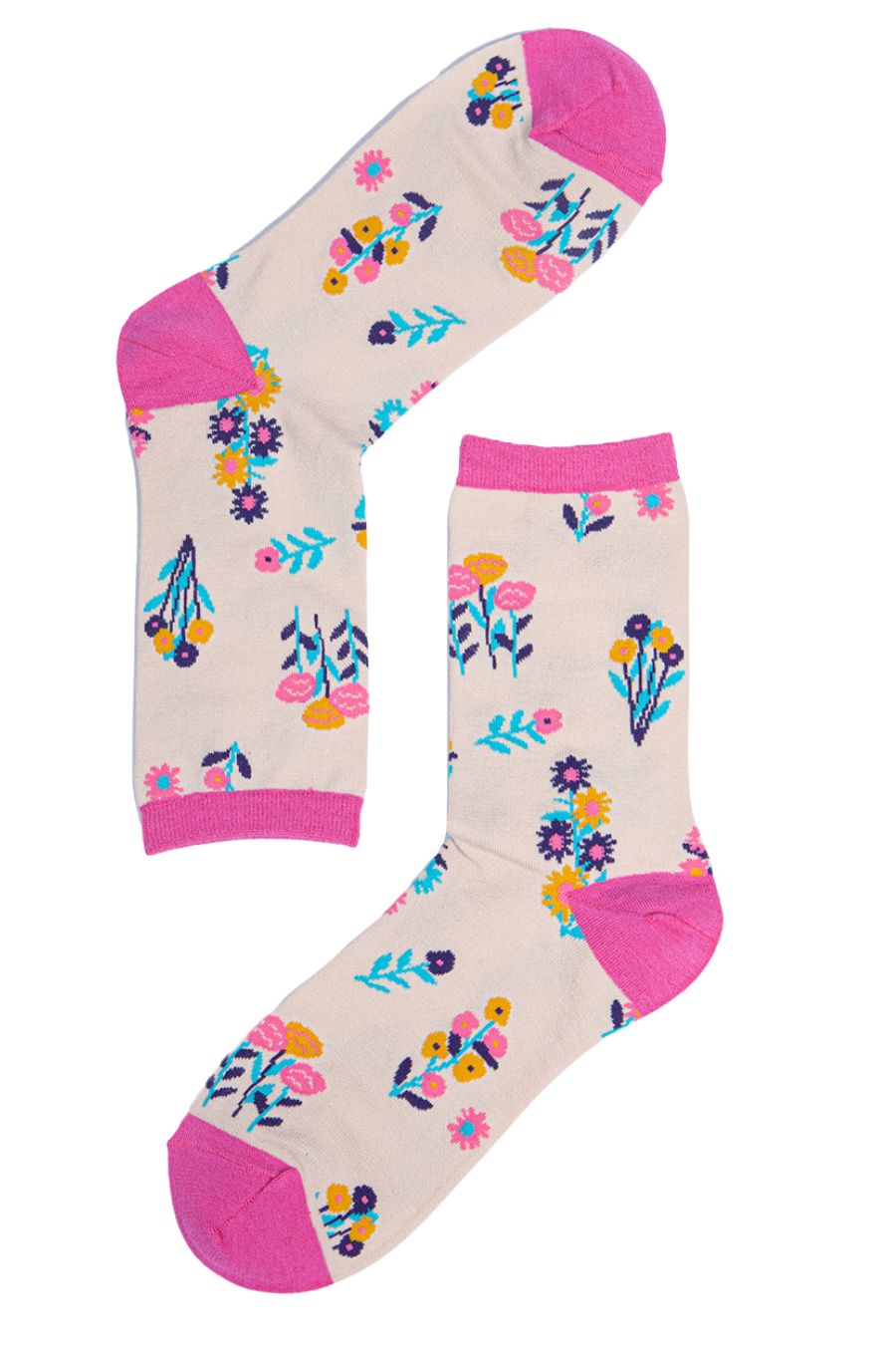 cream, pink ankle socks with colourful wildflowers
