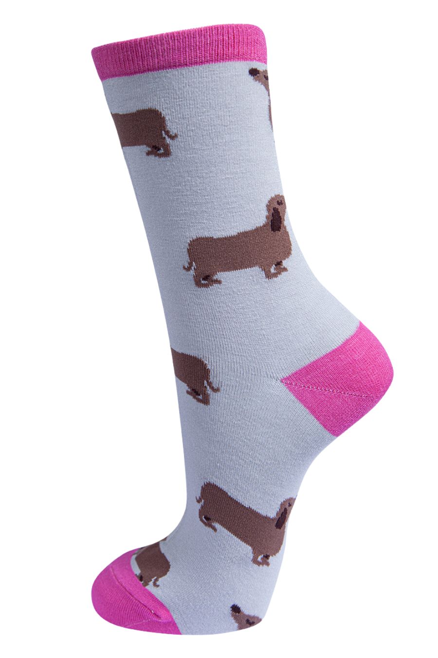 grey and hot pink bamboo socks featuring miniature dachshunds
