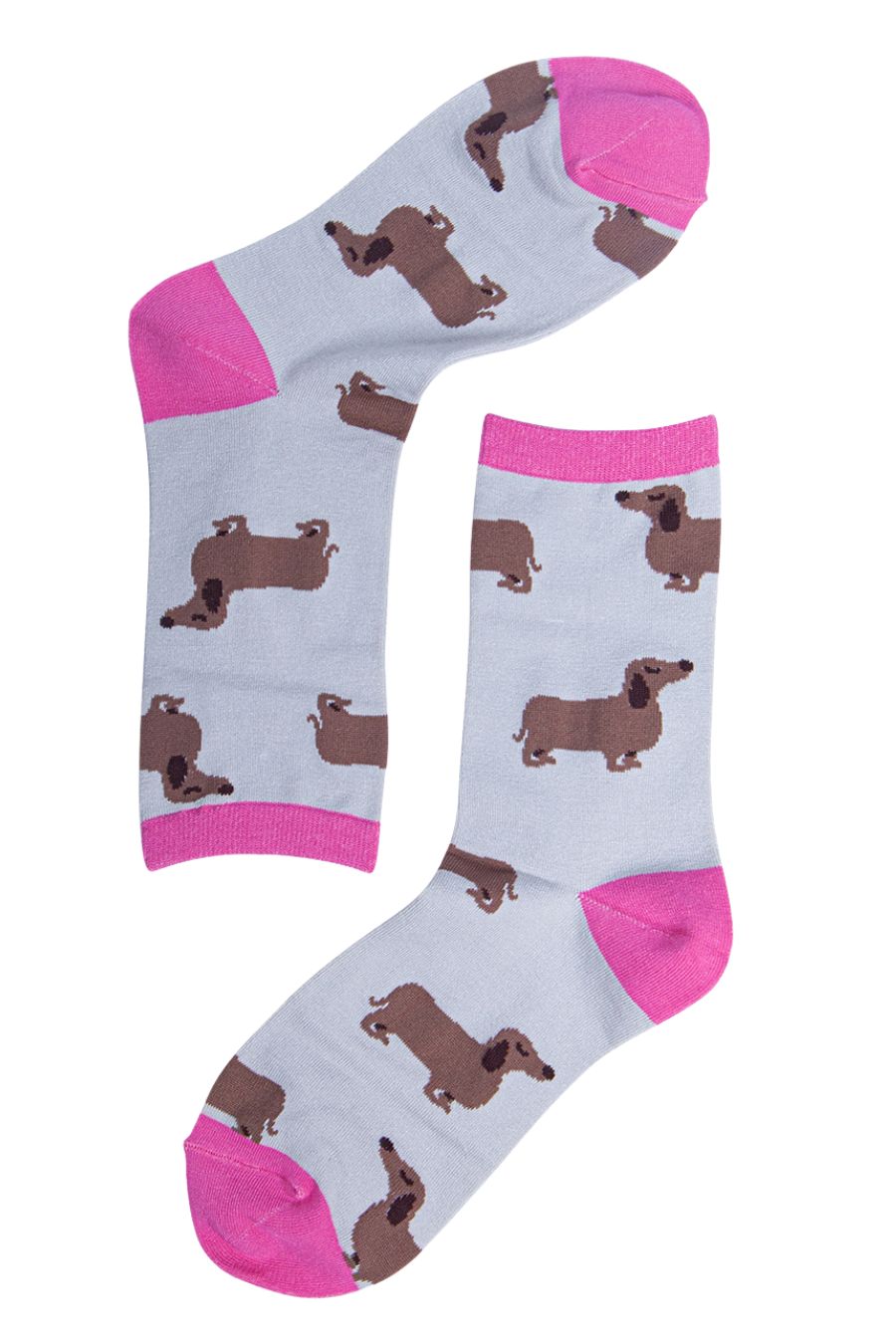 grey bamboo socks with an all over sausage dog print