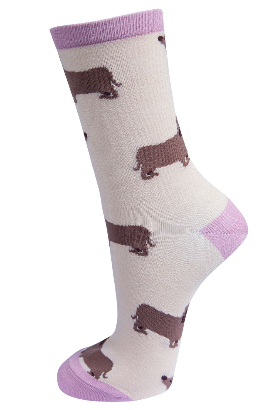 cream and pink bamboo ankle socks with an all over pattern of miniature dachshund dogs