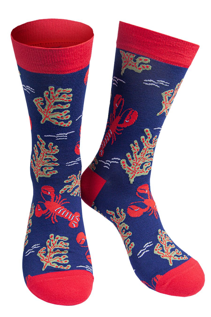 blue and red bamboo socks artistically designed to look like an underwater scene, with red lobsters and seaweed