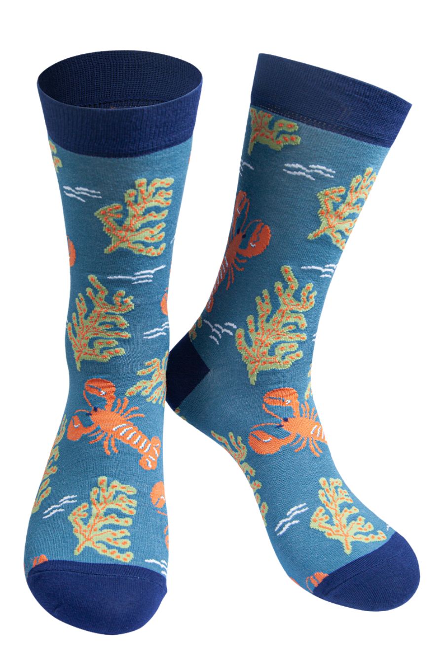 blue bamboo socks designed to look like an under water scene with lobsters and seaweed