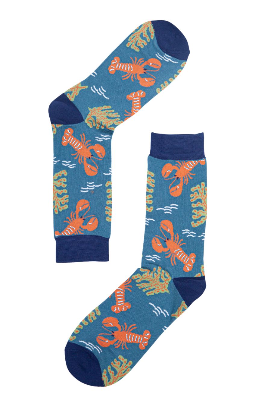 blue bamboo socks with lobsters and seaweed